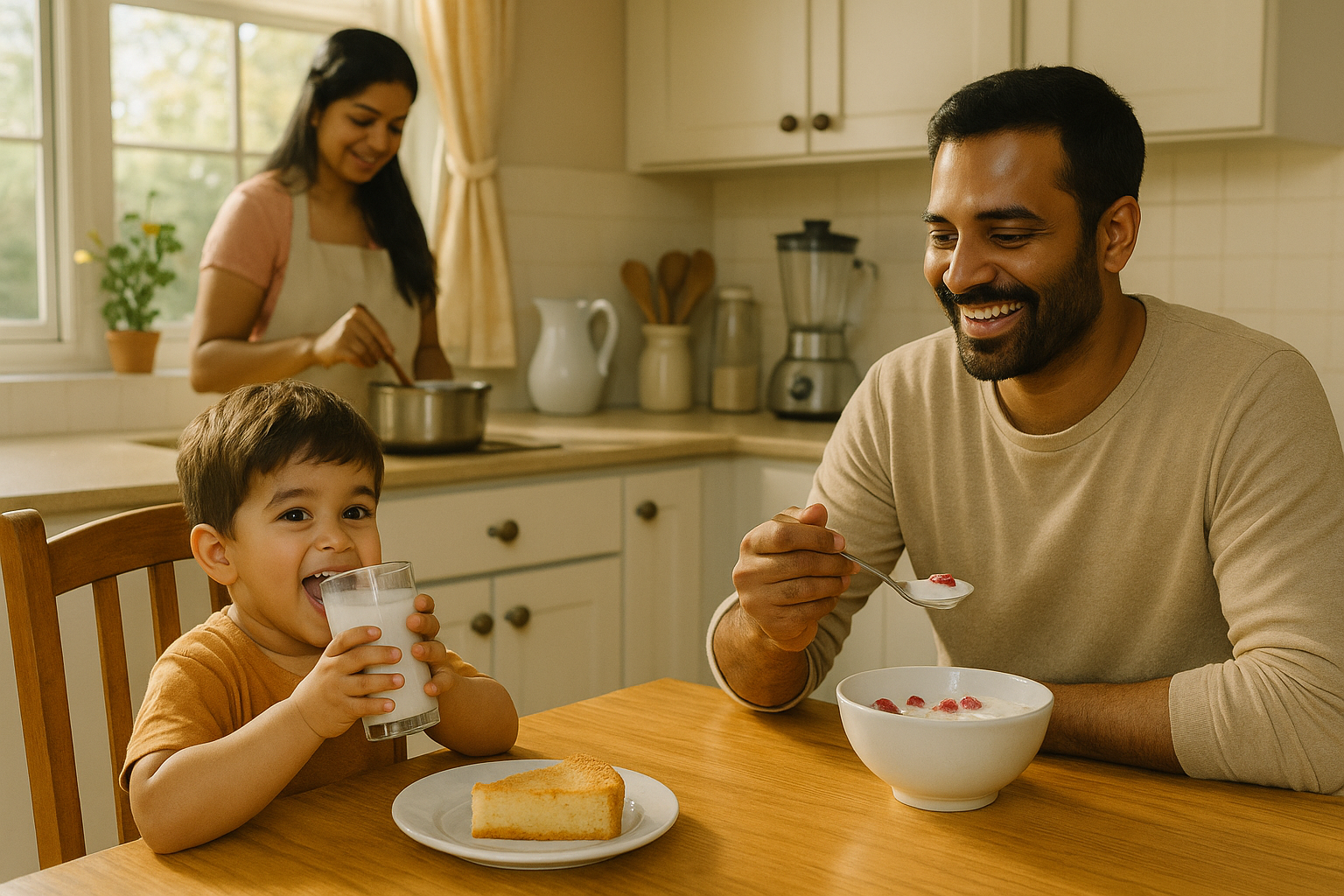 Happy family enjoying milk products