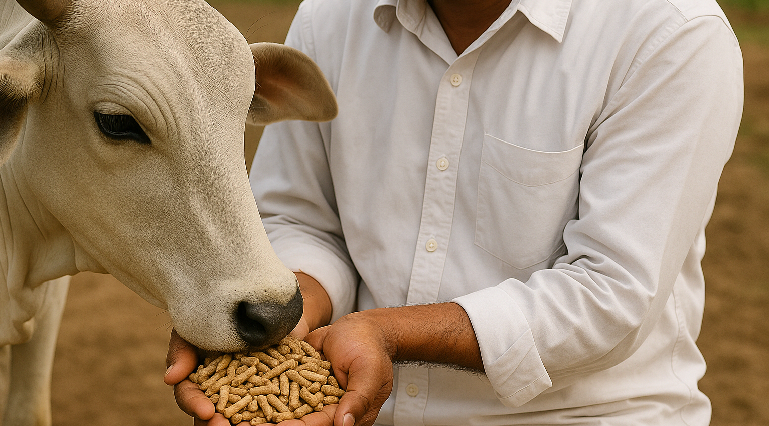 Farmer feeding cow with nutritious pellets