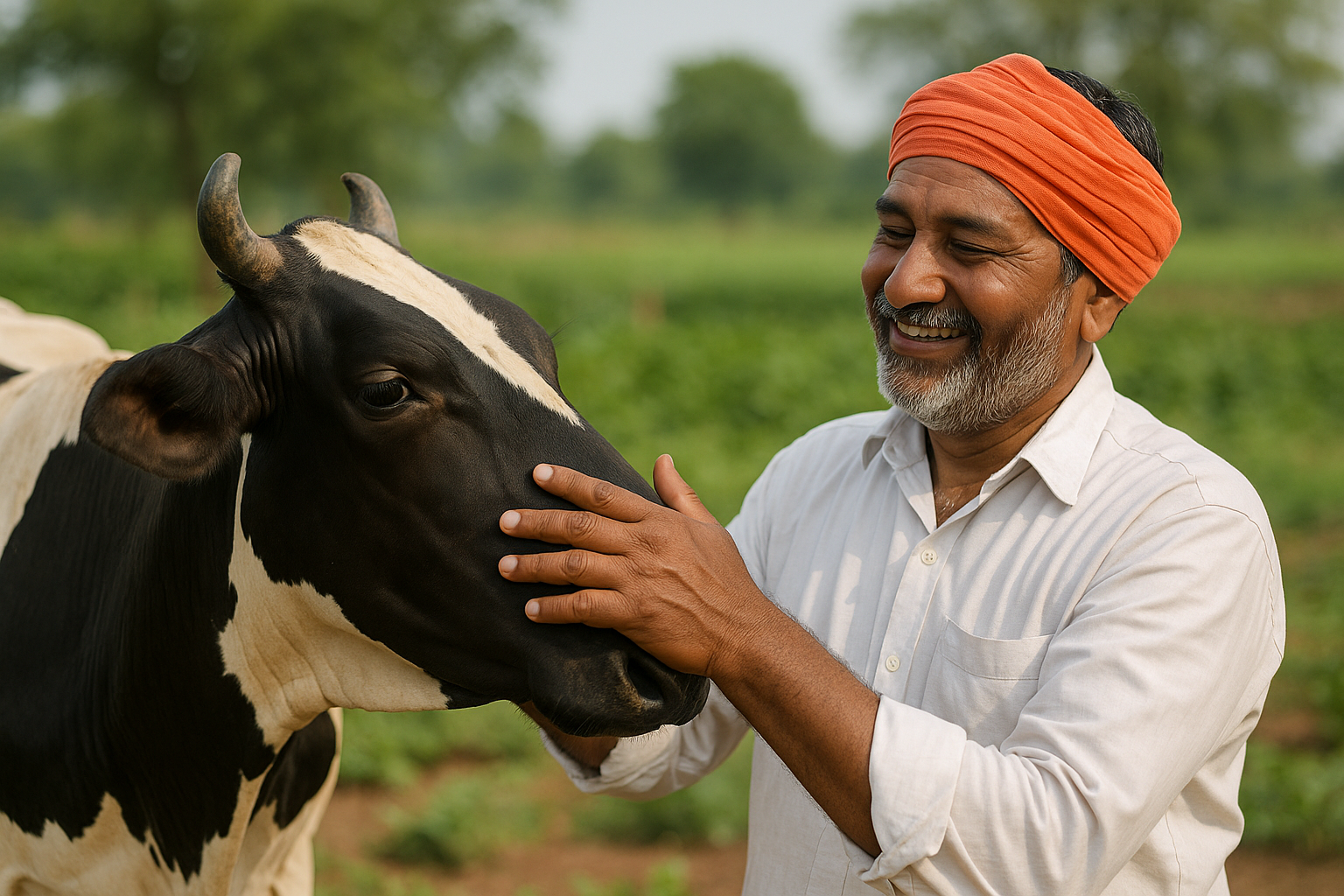 Happy farmer with dairy cow